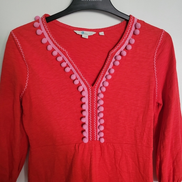 Boden Carina Womens 6 Mini Shirt Dress Red Pink Pom Pom Boho Festival Cotton - Picture 3 of 11